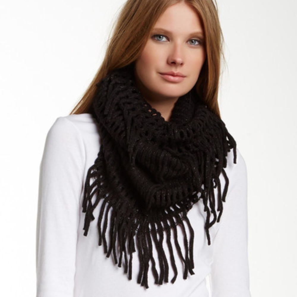 Guess Fringe Cozy Knit Infinity Scarf Black